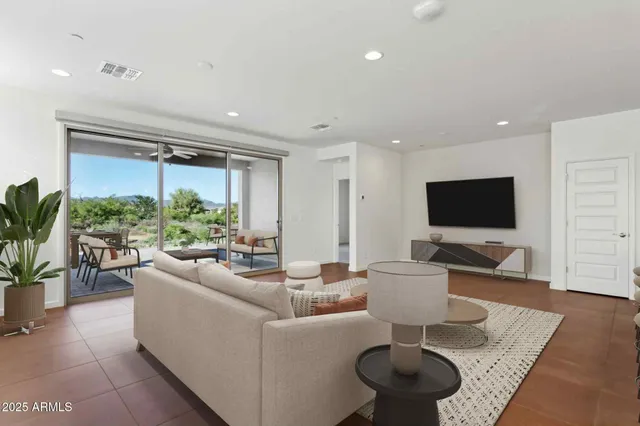 a view of a city with furniture