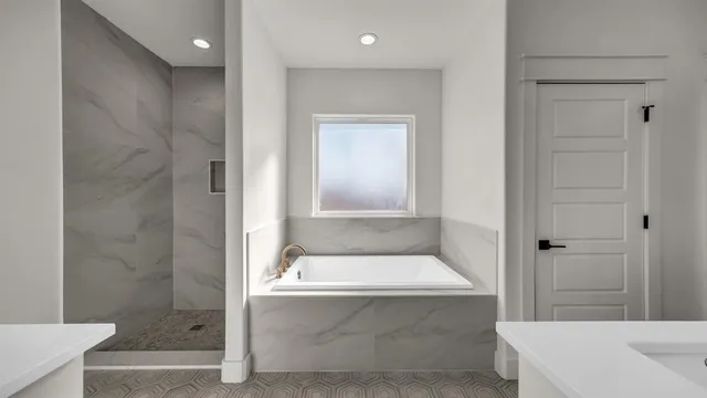 a bathroom with a tub a sink and a shower
