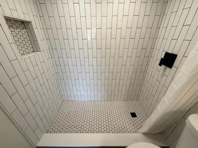 a bathroom with a shower and a toilet