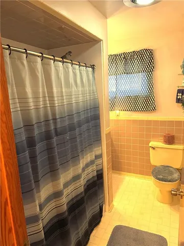 a bathroom with a shower curtain and a sink