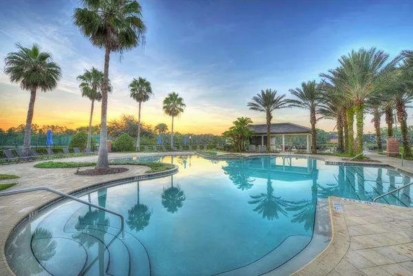 a view of swimming pool with a yard and palm trees