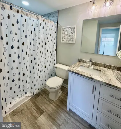 a bathroom with a granite countertop sink toilet and mirror