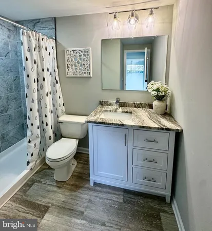 a bathroom with a granite countertop sink toilet and shower