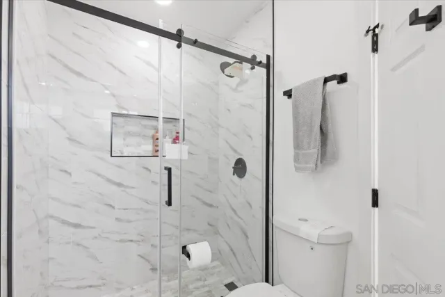 a bathroom with a shower and toilet