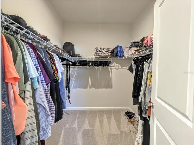a view of walk in closet with clothes and shoes