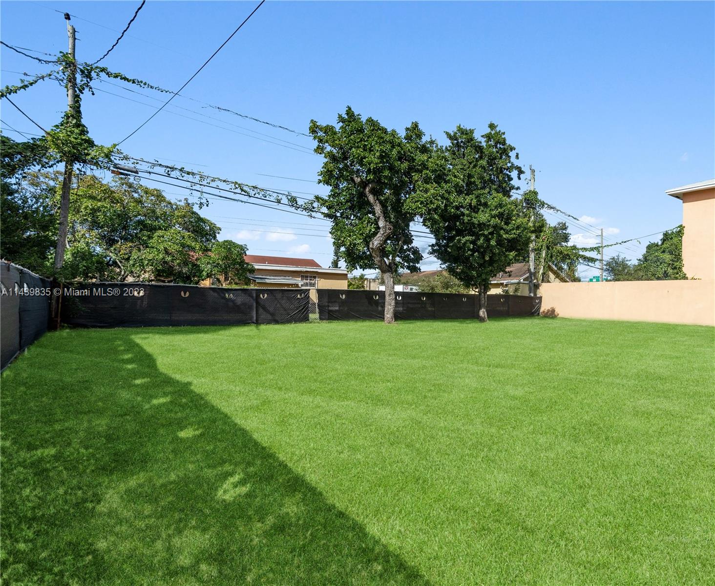 a view of yard with grass & house in the background