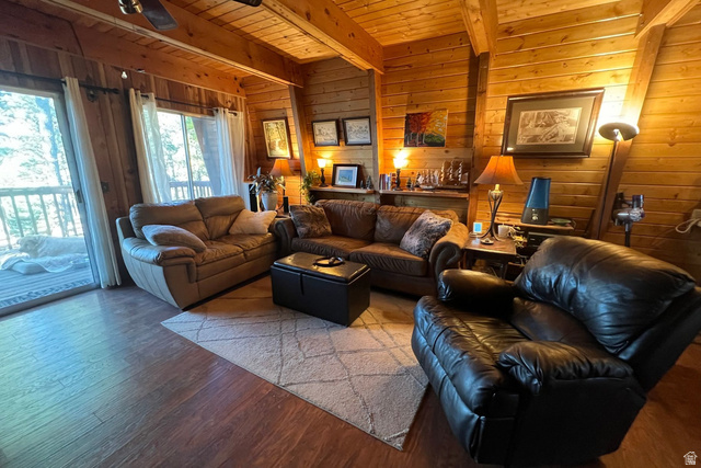 140 East Rim Road Duck Creek Village, UT 84762 - Photo 2 of 45 Living room featuring wooden walls, wood finished floors, and a wood ceiling with exposed beams