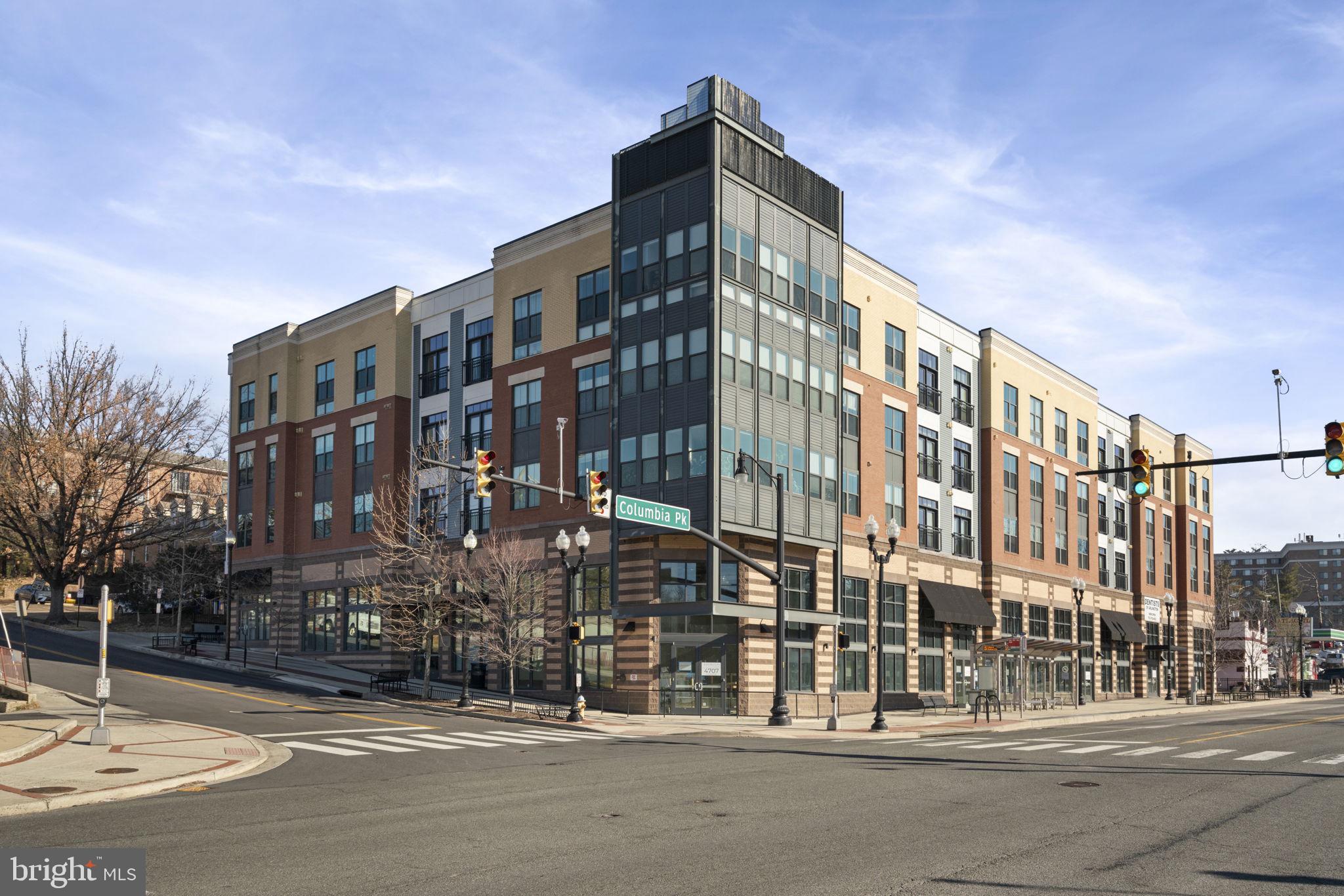 a view of a building and a street