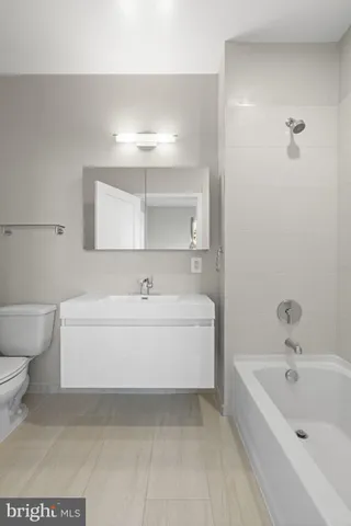 a bathroom with a bathtub and a toilet