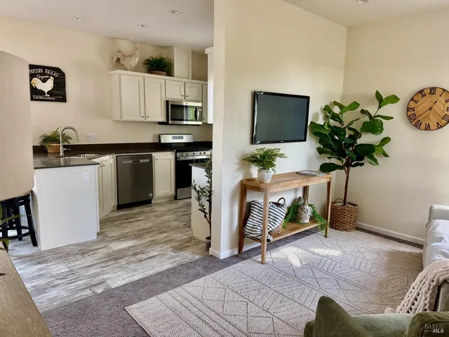 a living room with furniture and a potted plant