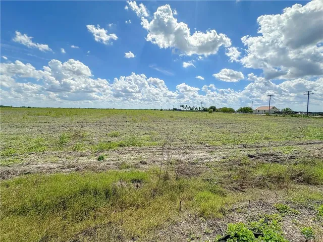 a view of a yard with an ocean and house in the background