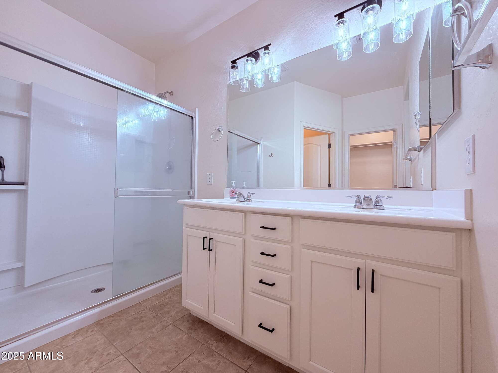 21121 East Via De Olivos Queen Creek, AZ 85142 - Photo 16 of 34 a bathroom with a shower a sink and a mirror