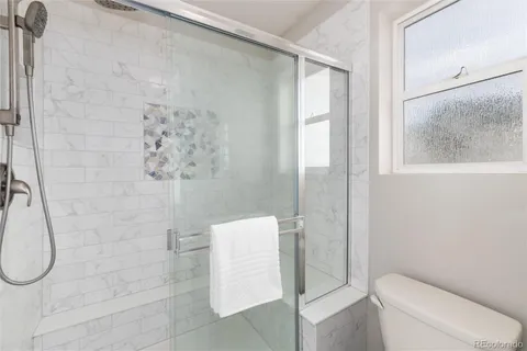 a bathroom with a shower and toilet