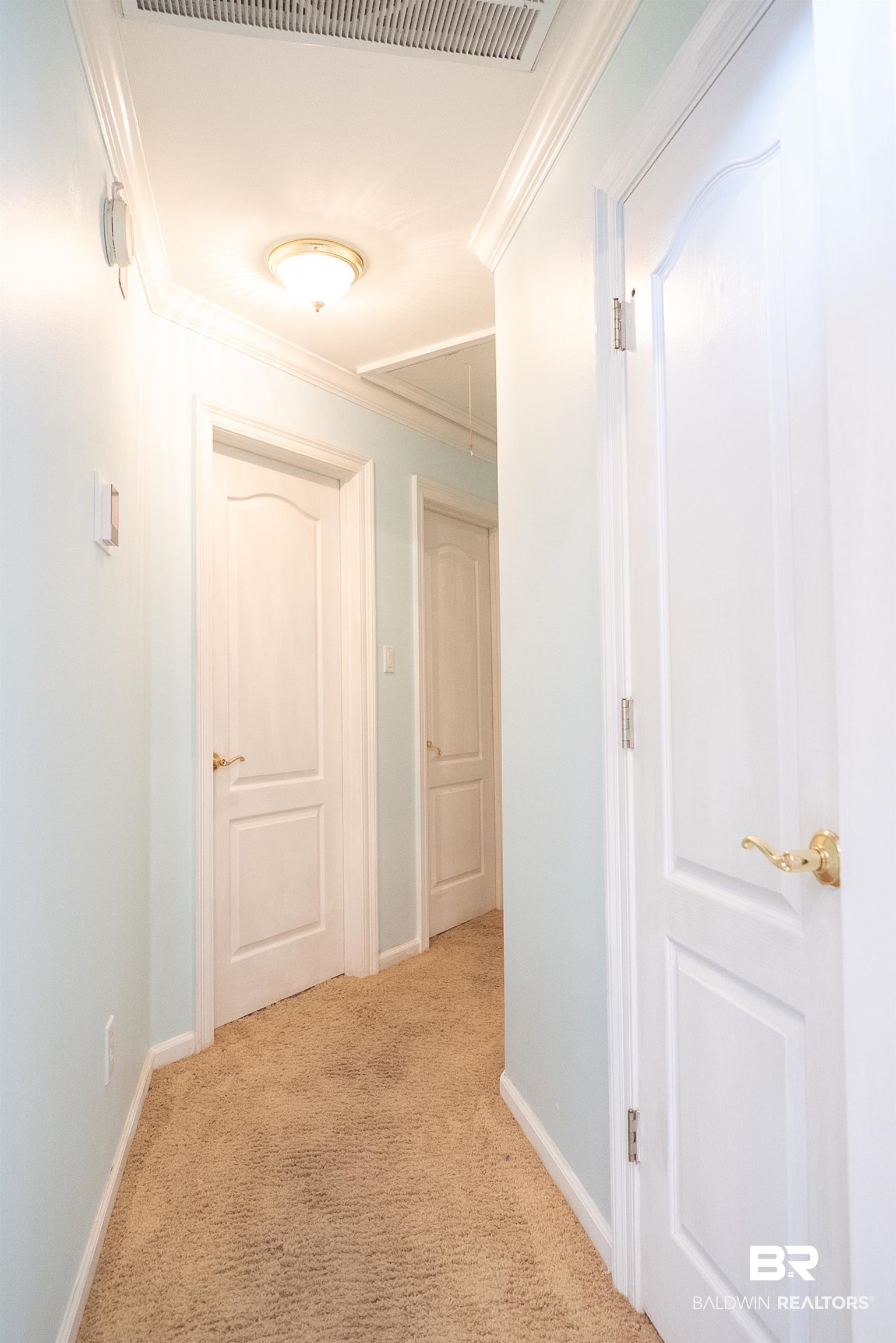 10023 Springfield Court Mobile, AL 36695 - Photo 21 of 50 Corridor with attic access, carpet floors, and ornamental molding
