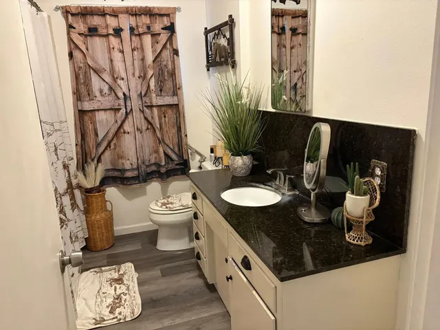 a bathroom with a granite countertop sink and a mirror