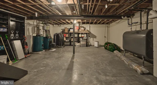a view of a garage with wooden floor