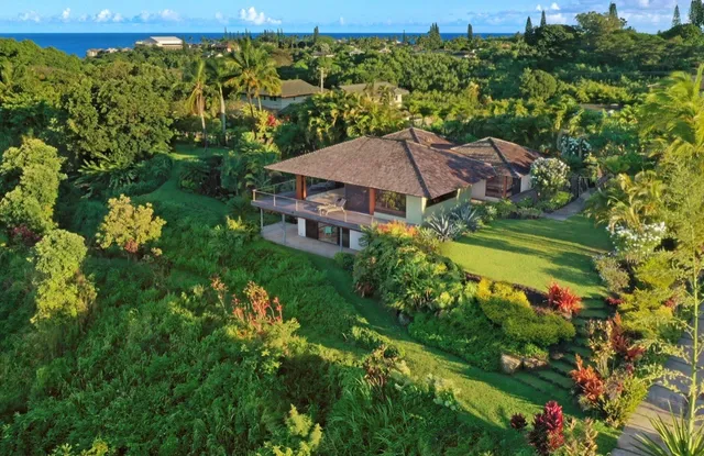 a aerial view of a house with a garden