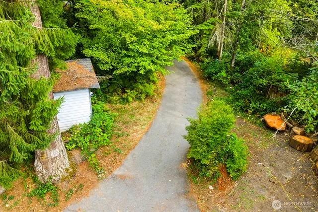 an aerial view of a house with a yard and large trees