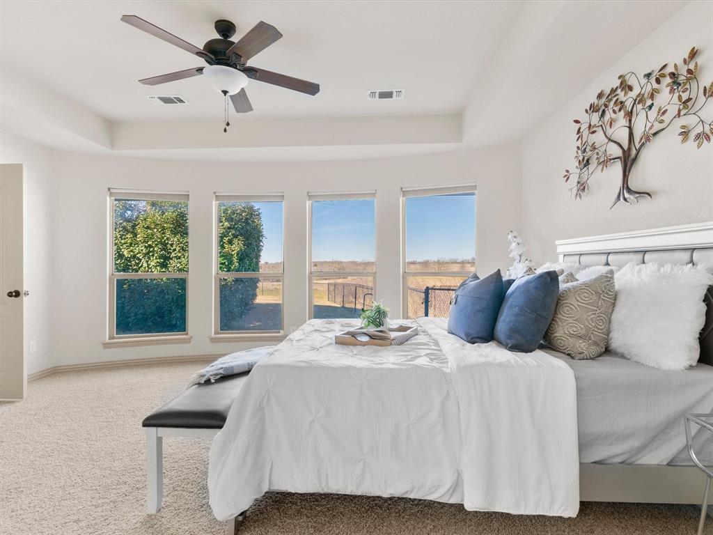 1311 Roe Helm Drive Rhome, TX 76078 - Photo 12 of 35 Beautiful primary bedroom with large picture windows and a view of the pool