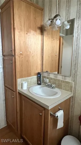 a bathroom with a sink and a mirror