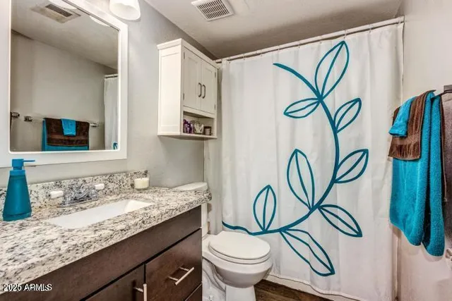 a bathroom with a granite countertop sink and a toilet