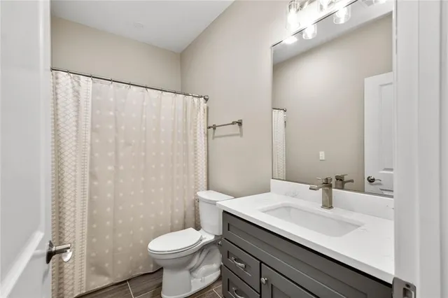 a bathroom with a sink a toilet and shower curtain