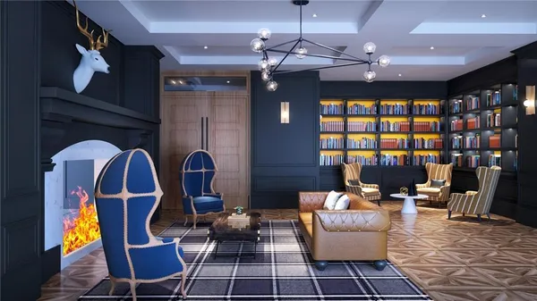 a living room with furniture a chandelier and pool table