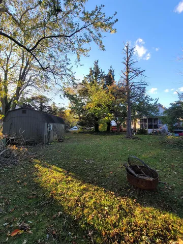 a garden view with a seating space