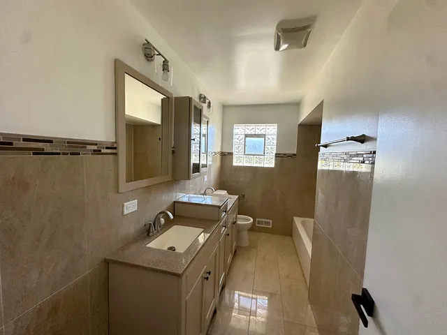 a bathroom with a sink a toilet a mirror and shower