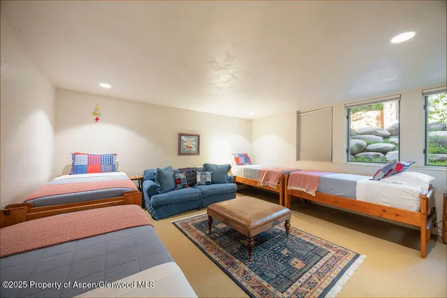 a bedroom with furniture and a rug