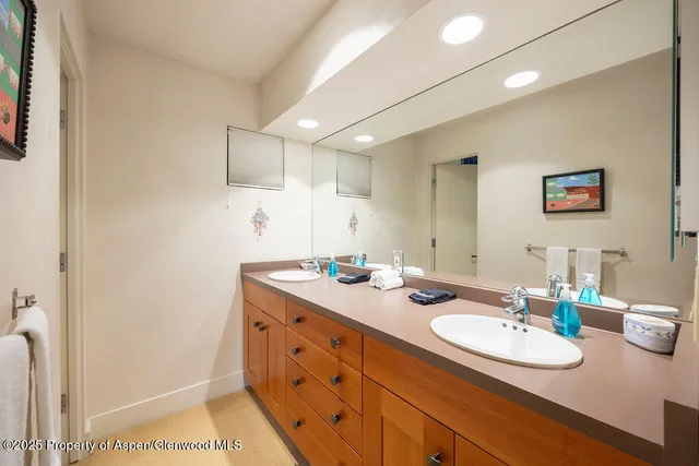 a bathroom with a granite countertop sink a large mirror and a shower