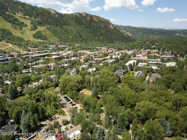 an aerial view of residential houses with outdoor space and trees