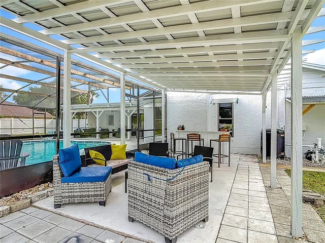 a building outdoor space with patio furniture