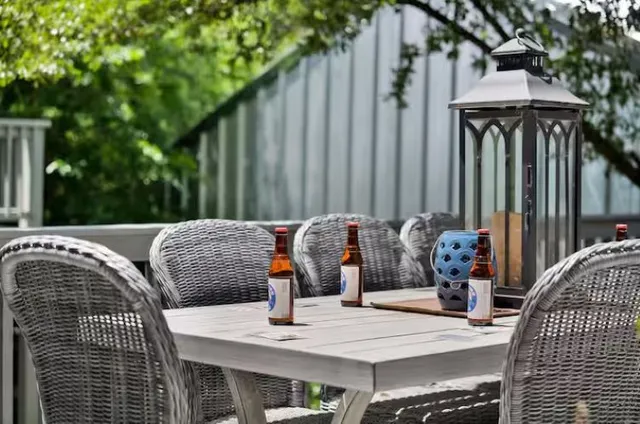 a view of a patio with couches table and chairs and potted plants