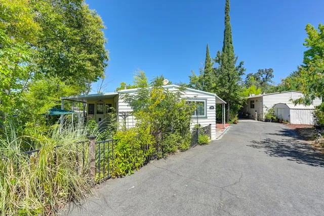 a view of a house with a yard and potted plants