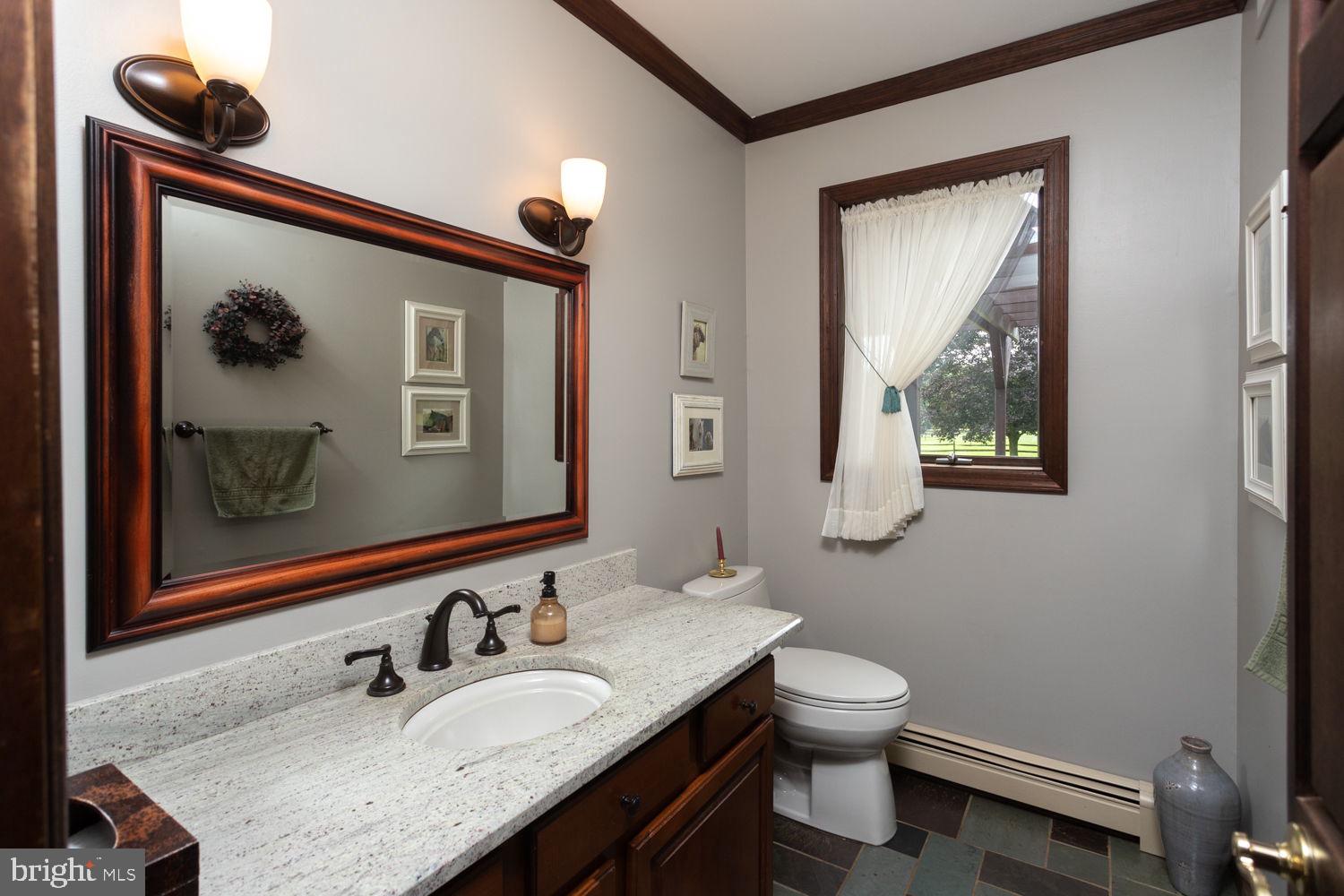48 Harker Road Chesterfield, NJ 08515 - Photo 10 of 30 a bathroom with a granite countertop toilet a sink and mirror