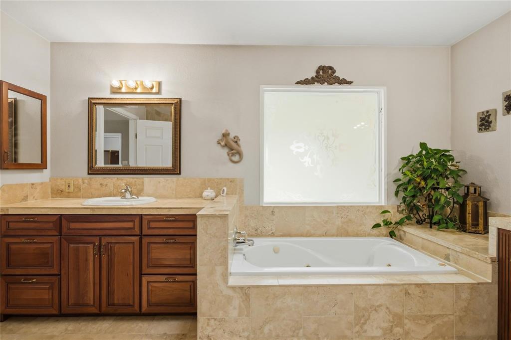 265 East Dove Road Southlake, TX 76092 - Photo 19 of 39 a bathroom with a tub a sink and mirror