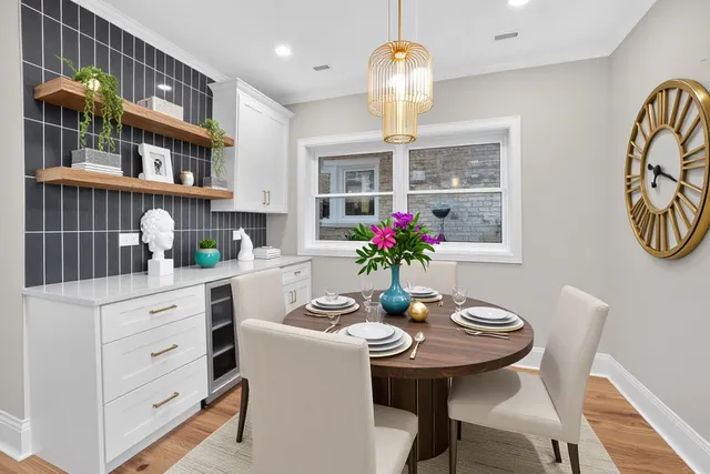a view of a dining room with furniture