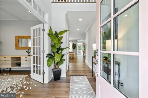 a hallway with wooden floor and a potted plant