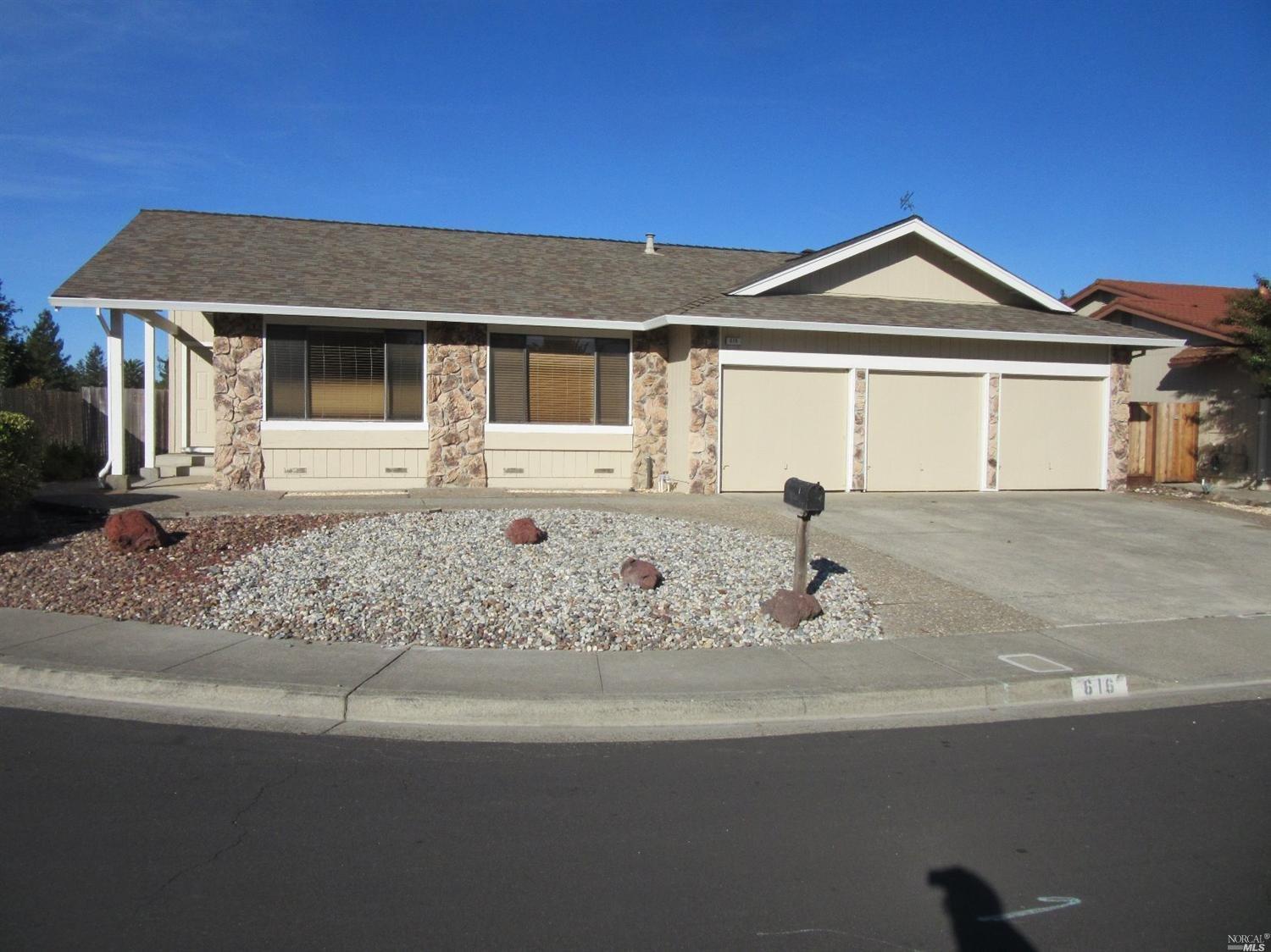 616 Hudis Street Rohnert Park, CA 94928 - Photo 1 of 1 Front of home, large lot, three car garage, with low maintained landscaping