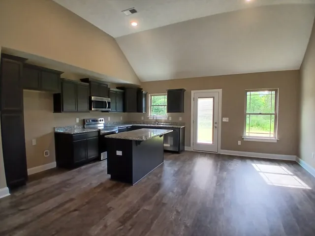 a kitchen with stainless steel appliances granite countertop a sink dishwasher stove and oven with wooden floor