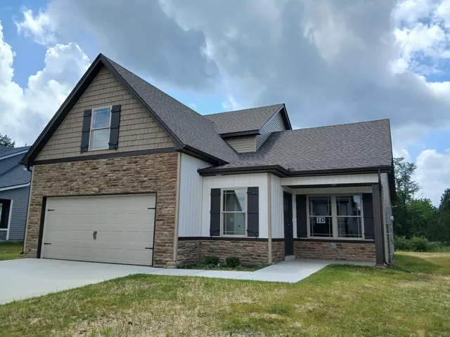 a view of a field with an trees in the background