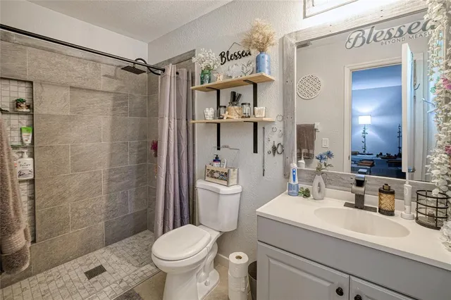 a bathroom with a sink toilet and shower