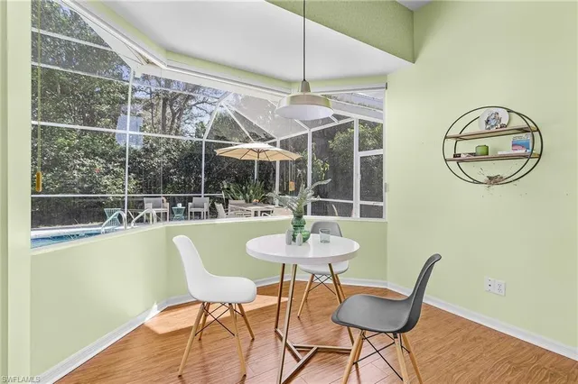 a view of a dining room with furniture window and wooden floor