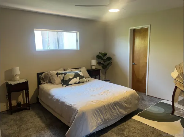 a bedroom with a bed and a dresser