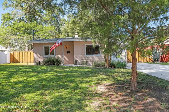 a view of a backyard with plants and large trees