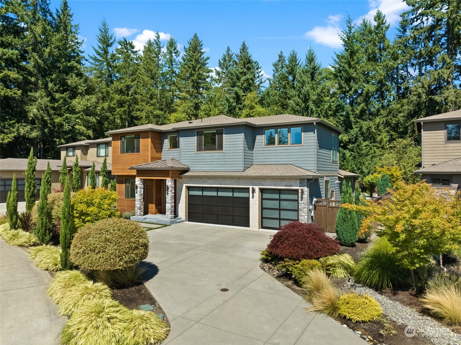 a view of a house with potted plants and a large tree