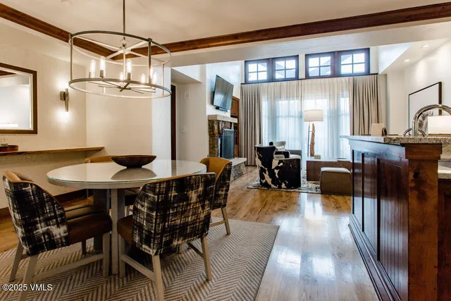 a view of a dining room with furniture