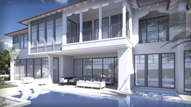 a view of a brick building with large windows in front of it