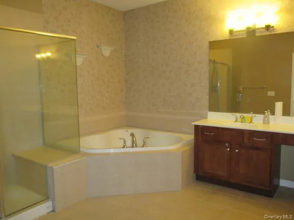 a bathroom with a tub sink and mirror